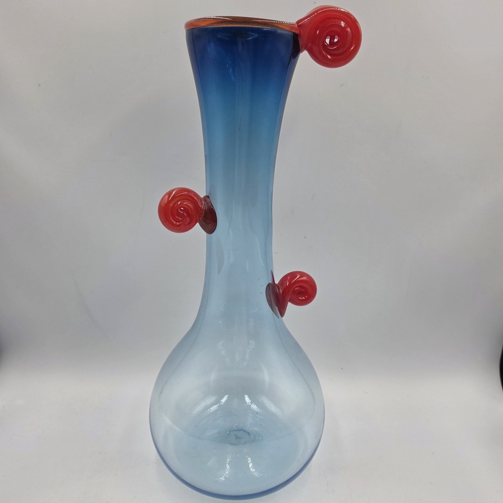 Vintage Swedish Art Glass Vase Blue Red Applied Coils 15" Monica Backstrom Style